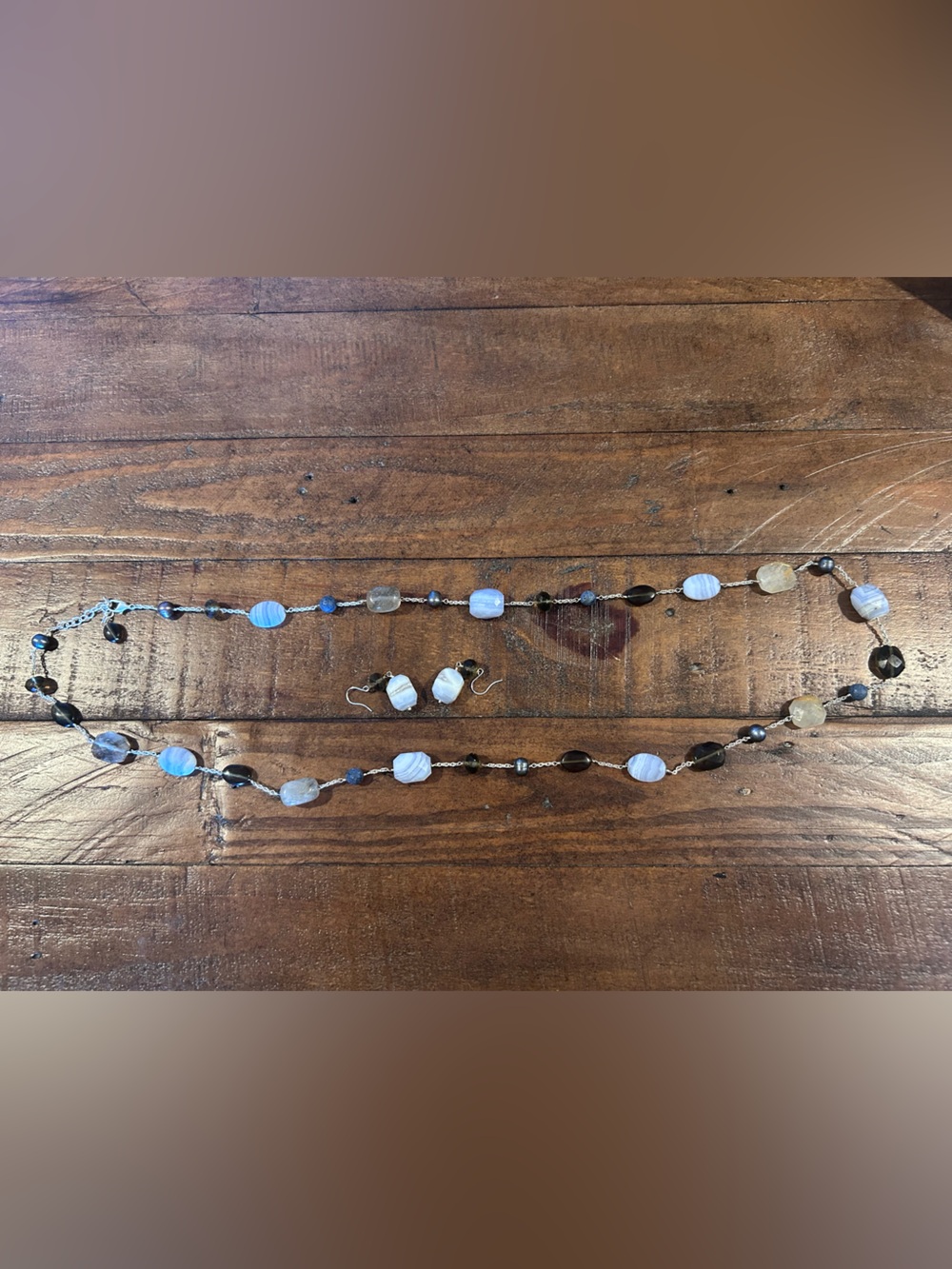 Chicos Long Silver/Bead Necklace & Bead Earring Set inShades of Light Blue/Brown